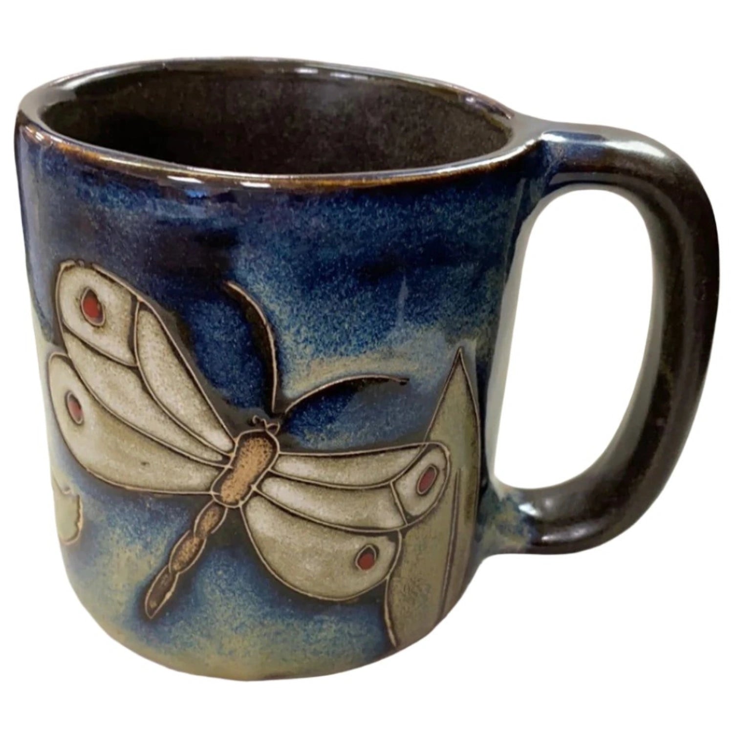 Stoneware mug with dragonfly design.