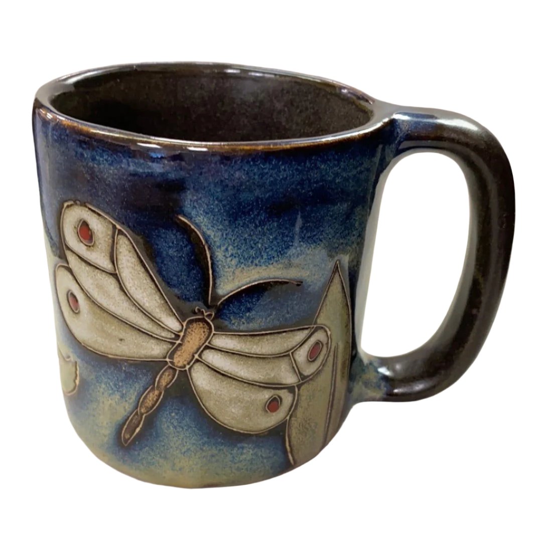 Dragonfly Mug 16oz - Large blue stoneware mug with image of a dragonfly 