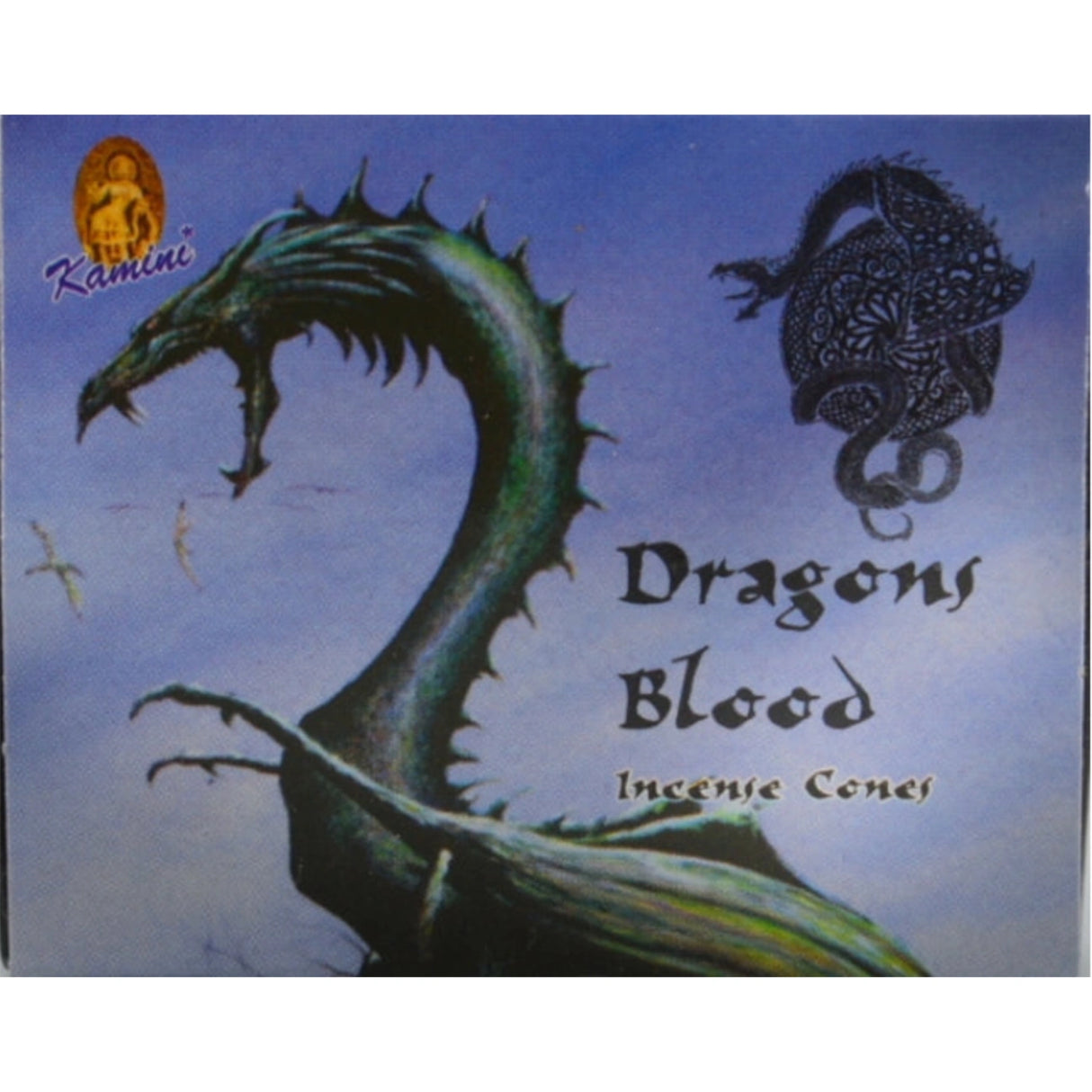 Dragon's Blood Incense Cones in a box with a dragon illustration.