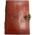 Brown leather journal with dream catcher design and brass lock.