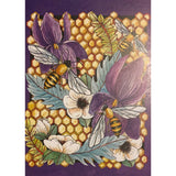 Three bees flying around colorful flowers and a honeycomb pattern on a purple background.