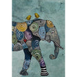 Greeting card with an elephant decorated with colorful swirls and two yellow birds perched on its back.