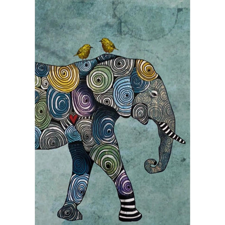 Greeting card with an elephant decorated with colorful swirls and two yellow birds perched on its back.