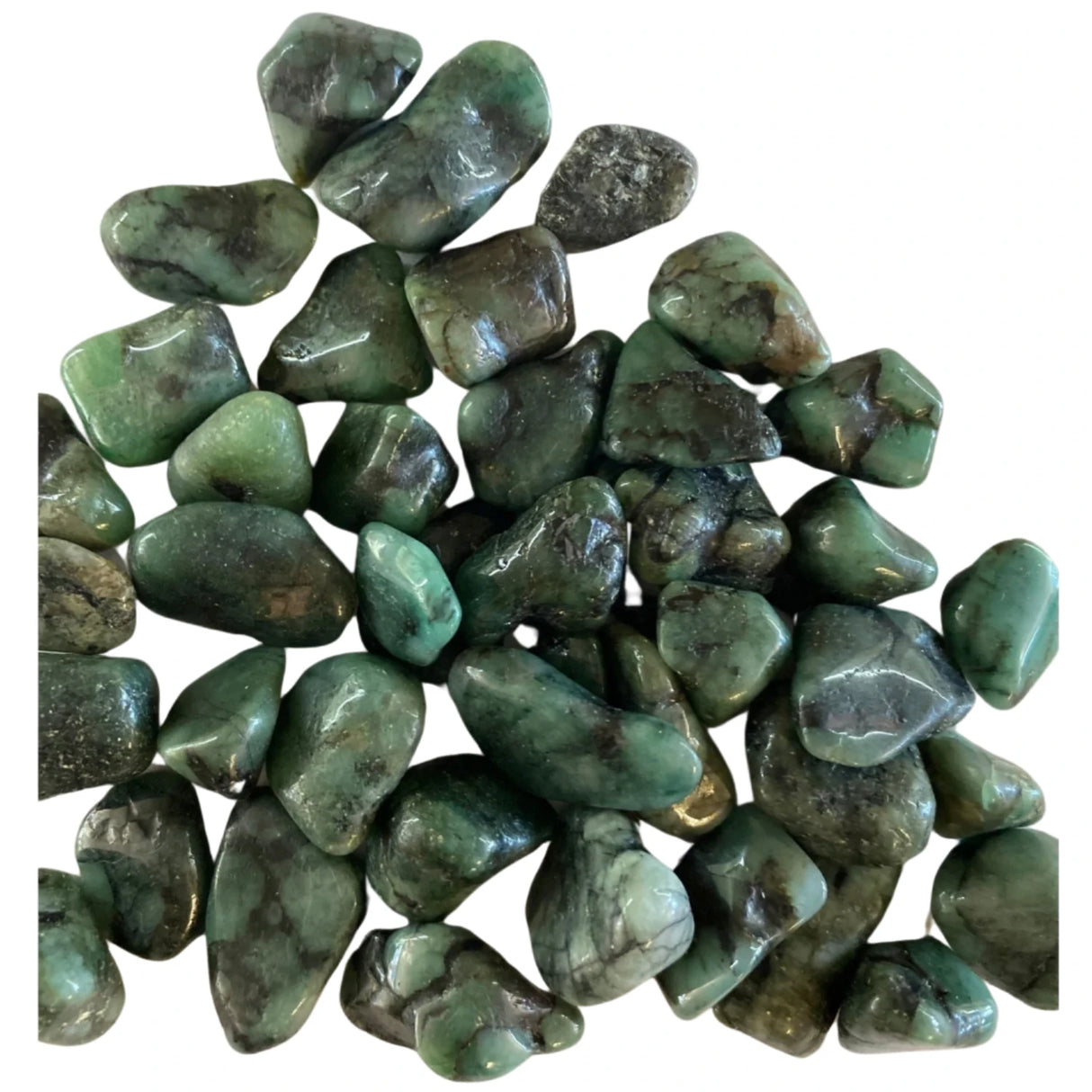 Tumbled Emerald stones with a smooth, polished finish and a vibrant green color.