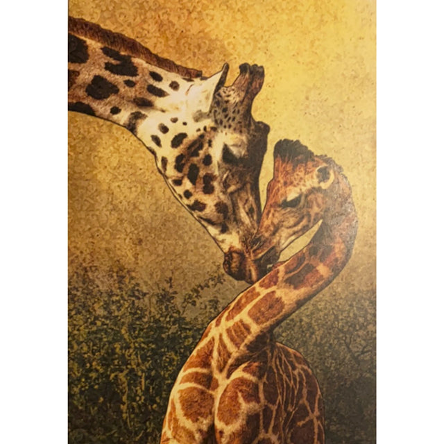 Two giraffes nuzzling each other in a warm, golden light.