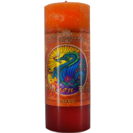 Orange candle with "MANDALA" and "DRAGON FIRE" labels.