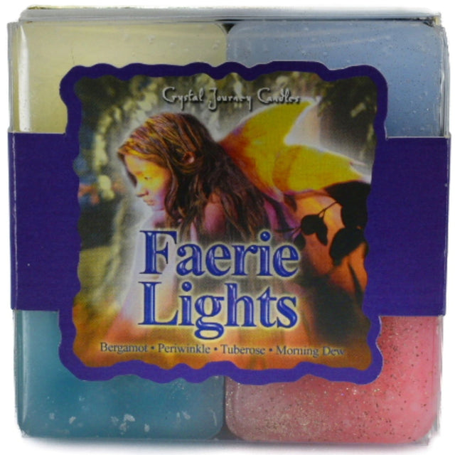 Faerie Lights Candle Set with blue, purple, green, and white candles.