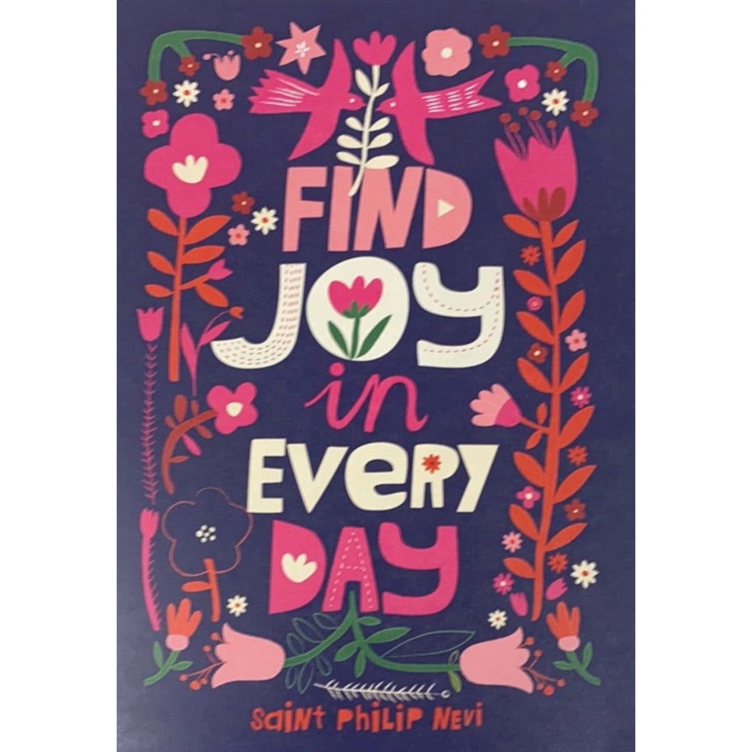 Text that says "Find Joy in Every Day" surrounded by colorful flowers and birds on a blue background.