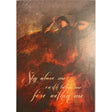 A woman surrounded by a fiery background, with the text "Sky above me, earth below me, fire within me."