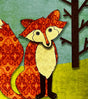 Fox Magnet with a red fox wearing a patterned coat, sitting near a tree.