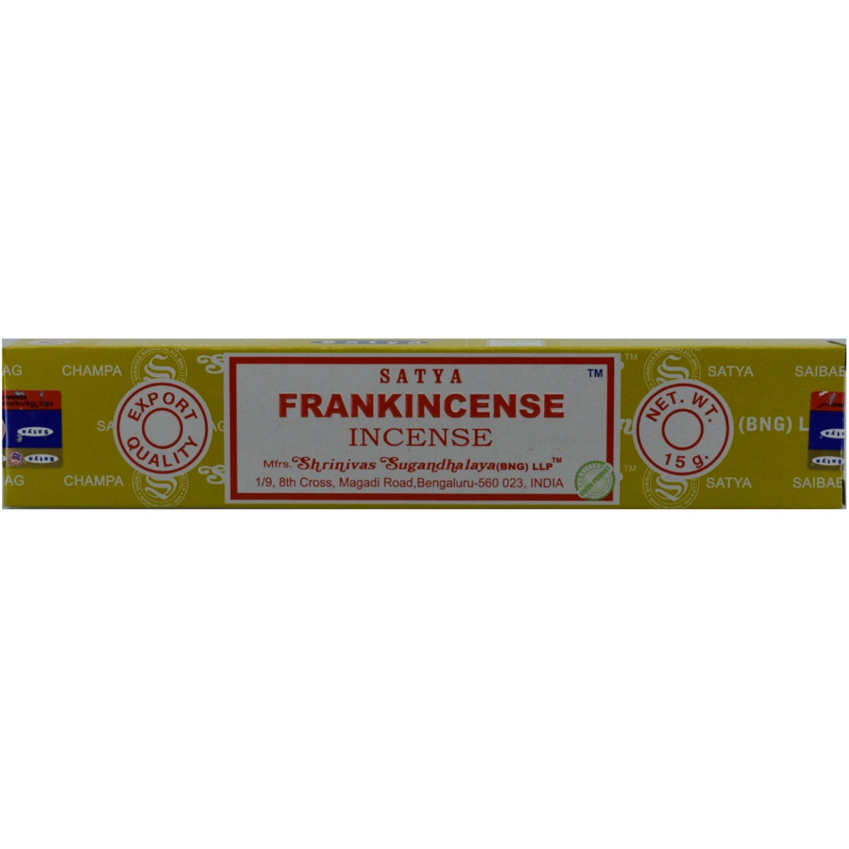 Satya Nag Champa Frankincense Incense Sticks in a yellow box.