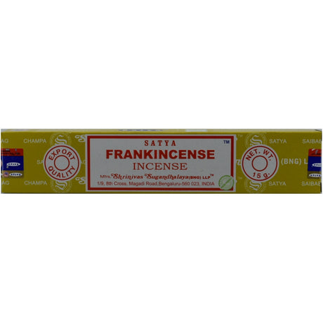 Satya Nag Champa Frankincense Incense Sticks in a yellow box.