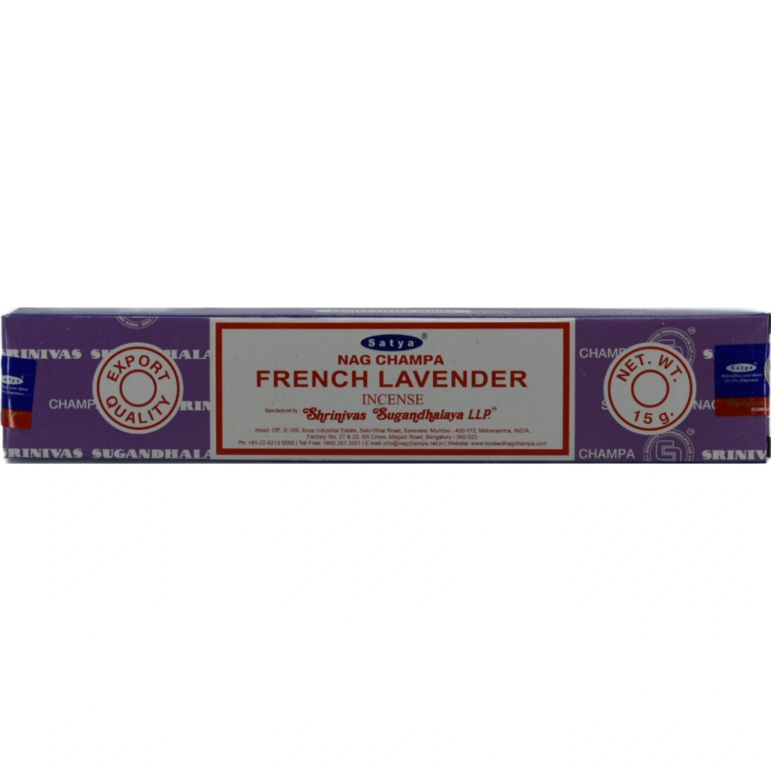 Satya Nag Champa French Lavender Incense Sticks in a purple box.