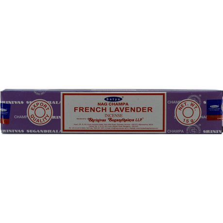 Satya Nag Champa French Lavender Incense Sticks in a purple box.