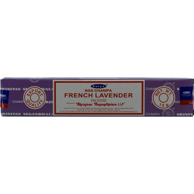 Satya Nag Champa French Lavender Incense Sticks in a purple box.