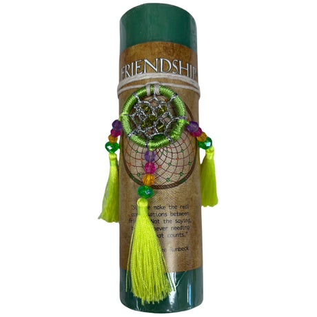 Friendship Dream Catcher Candle - Green candle with dream catcher pendant, brown label.