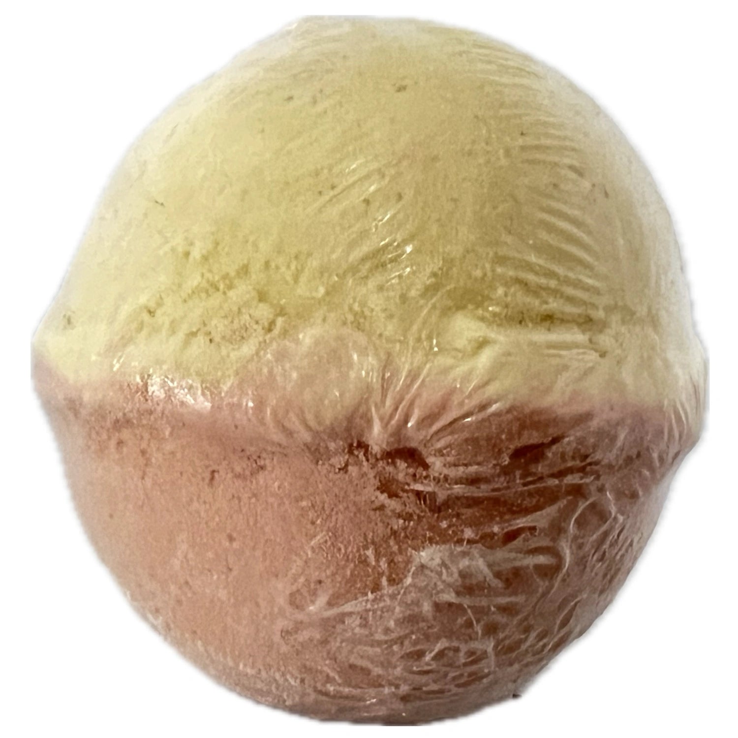 Pink and yellow bath bomb with a smooth, spherical shape.