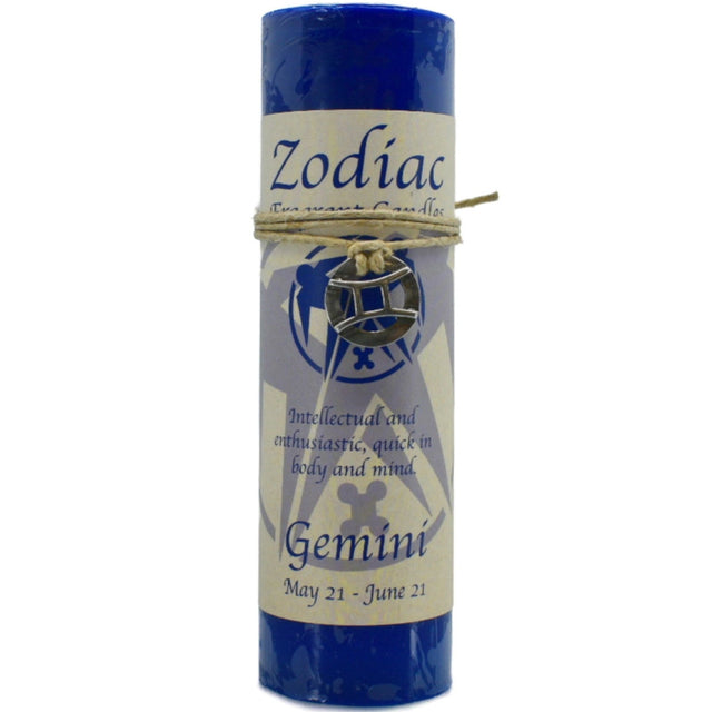 Blue candle with "ZODIAC" and "GEMINI" labels.