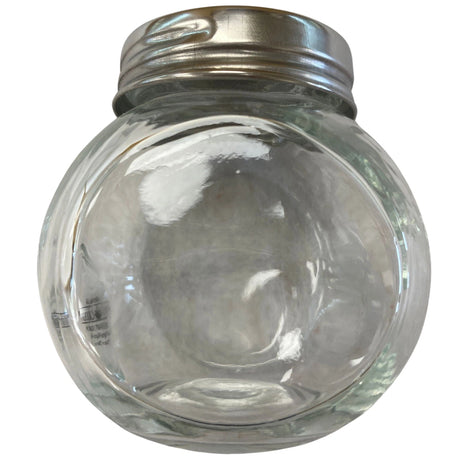 Round glass jar with a metal lid.