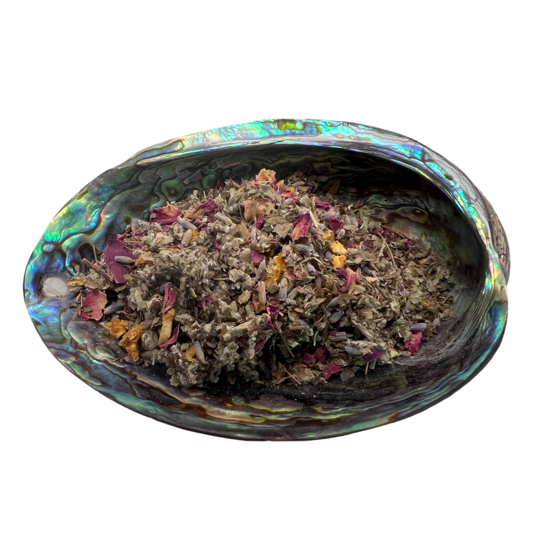Dried mixed herbs named Goddess Blend Tea placed on a colorful shell bowl