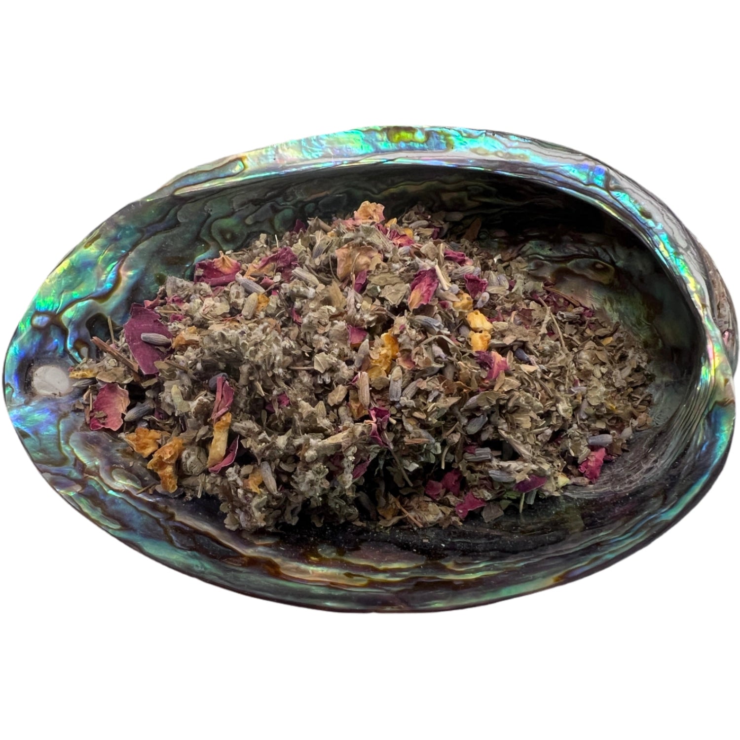 Dried Goddess Blend Tea herbs in an abalone shell.