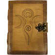 Brown leather journal with triple moon goddess design and brass lock.