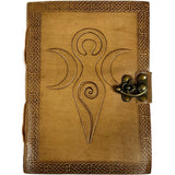 Brown leather journal with triple moon goddess design and brass lock.