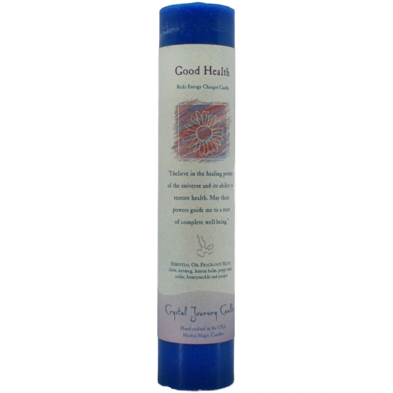 Blue candle with "GOOD HEALTH" label.