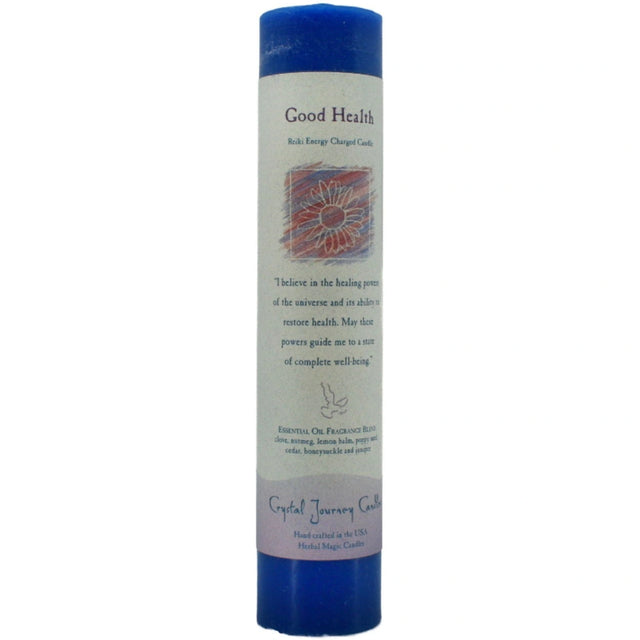 Blue candle with "GOOD HEALTH" label.