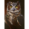 A close-up portrait of a Great Horned Owl with bright yellow eyes and a dark brown background.