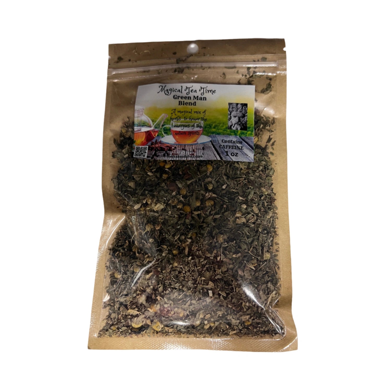 Dried Green Man Blend Tea herb in a clear plastic bag.