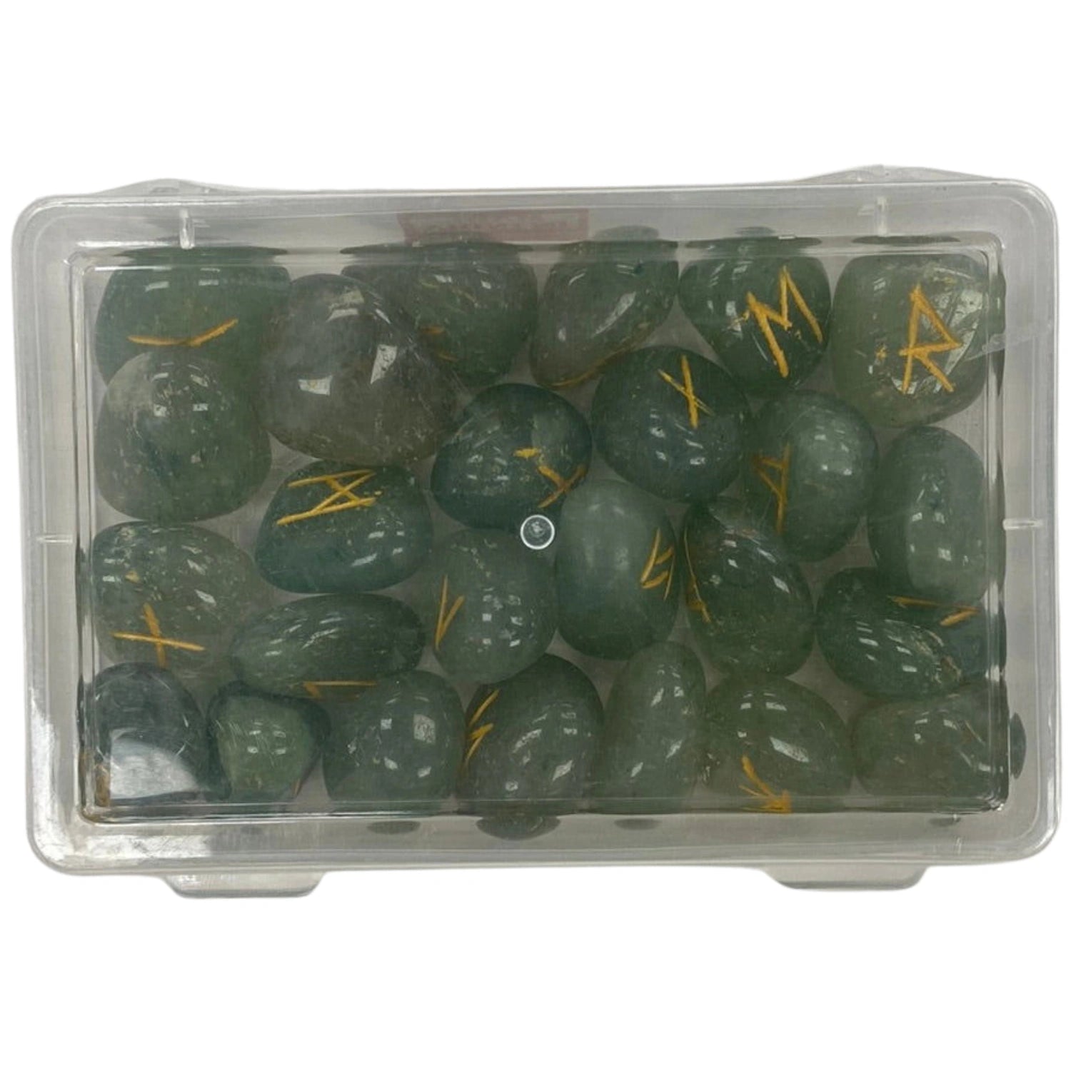 Clear plastic box filled with green aventurine stones with gold runes engraved on them.