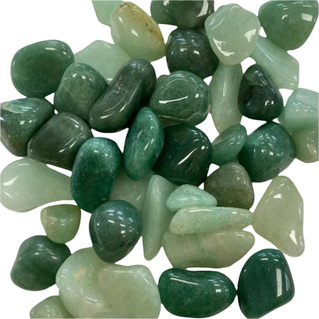 Tumbled Green Aventurine stones with a smooth, polished finish and a variety of green hues, ranging from pale green to deep forest green.