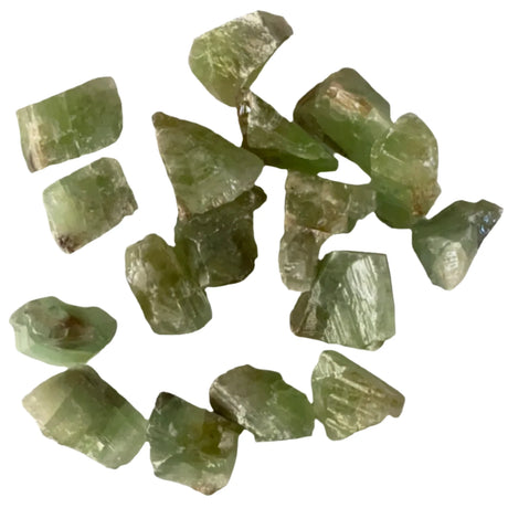 Raw Green Calcite stones with a rough, natural finish and a vibrant green color.