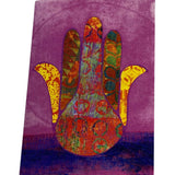 Colorful Hamsa hand symbol on a purple background.