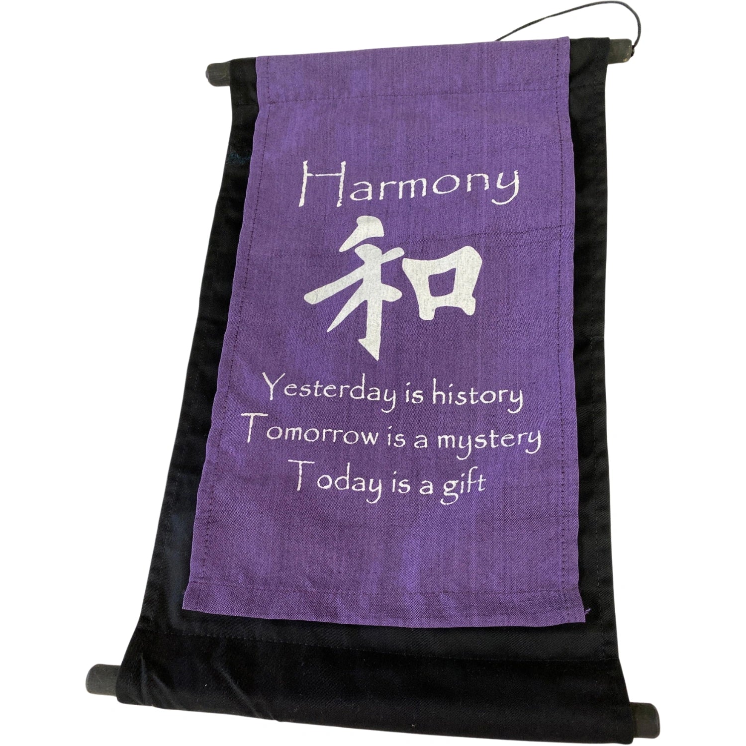 Harmony Banner - Harmony Banner made from black and lavender colored cloth with white print of text. 