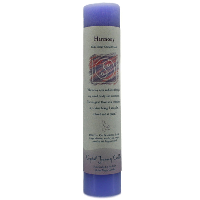 Purple candle with "HARMONY" label.