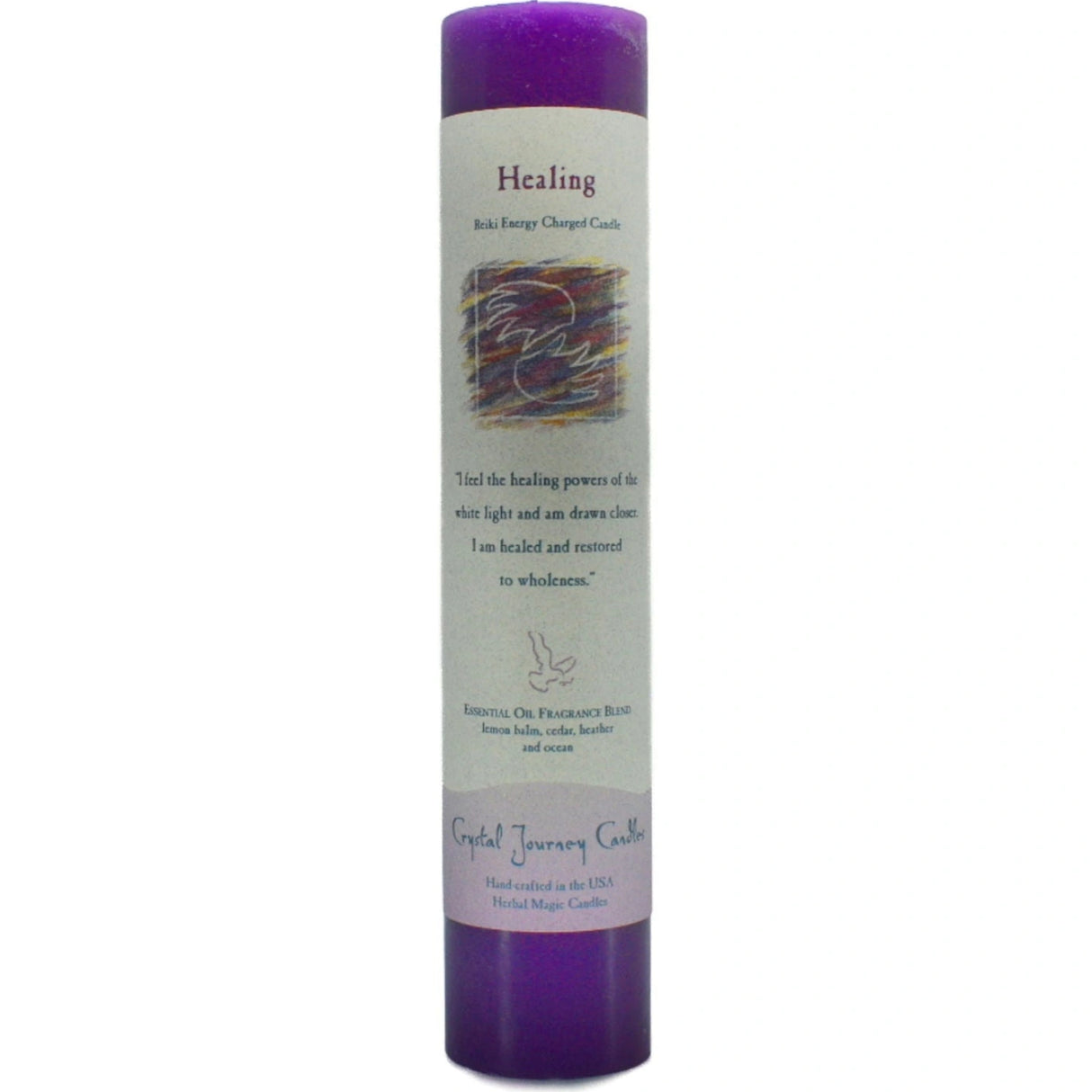 Purple candle with "HEALING" label.