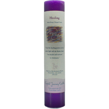 Purple candle with "HEALING" label.