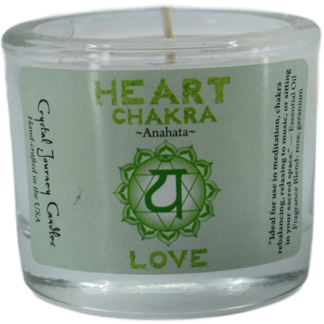 Heart Chakra candle with white label and rose geranium scent.