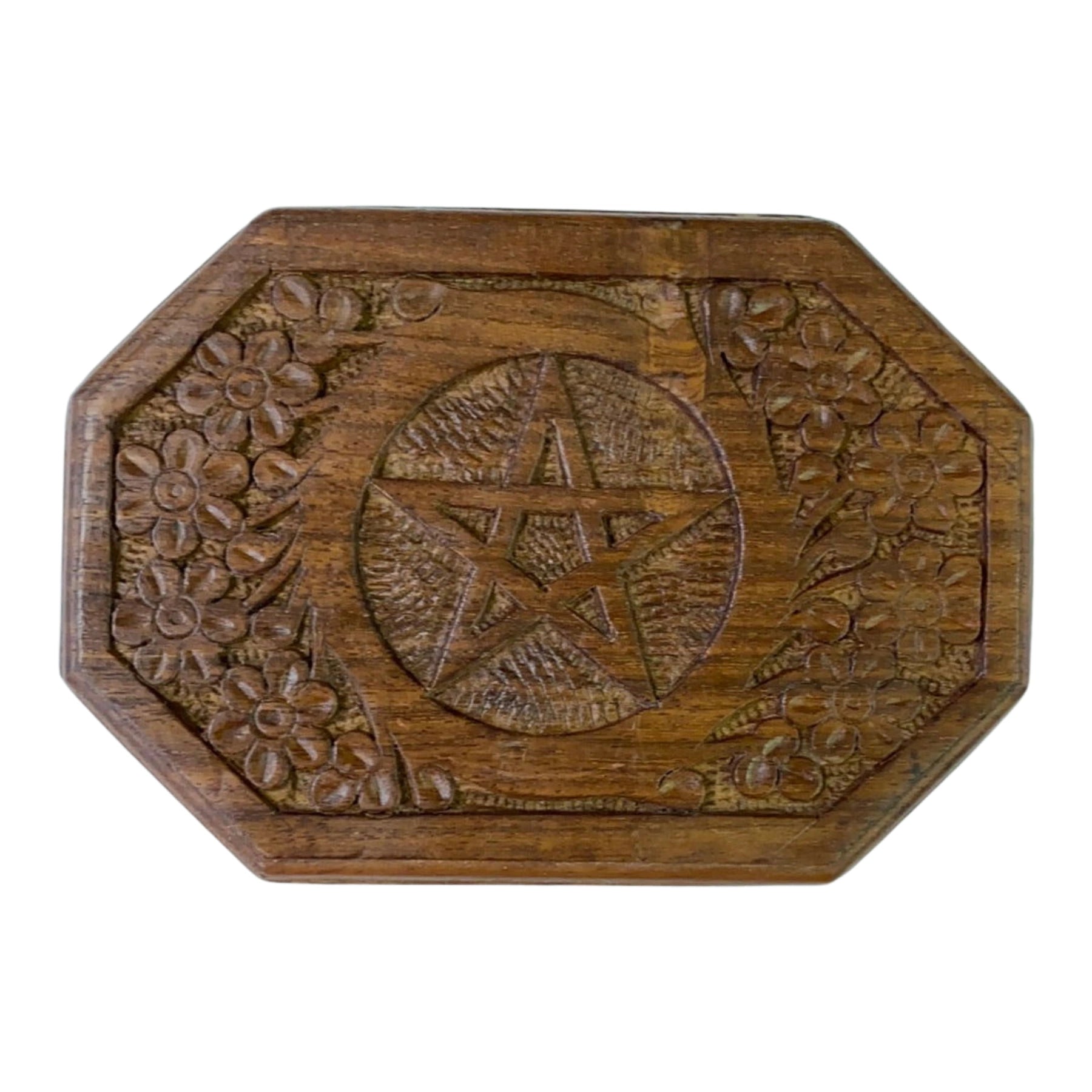 Hexagon Pentacle Carved Box - Wooden box with intricate carvings of a pentagram, and floral motifs.