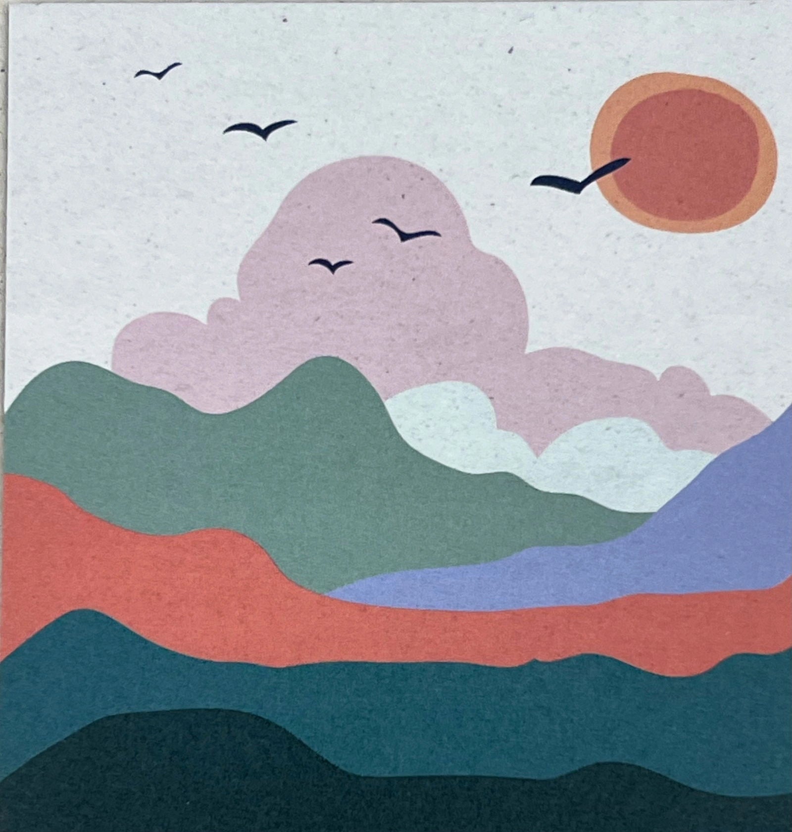 Hills and Valleys magnet with abstract landscape painting featuring mountains, clouds, a sun, and birds.