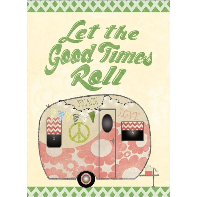 Hippie camper greeting card with peace symbol and flower pattern.