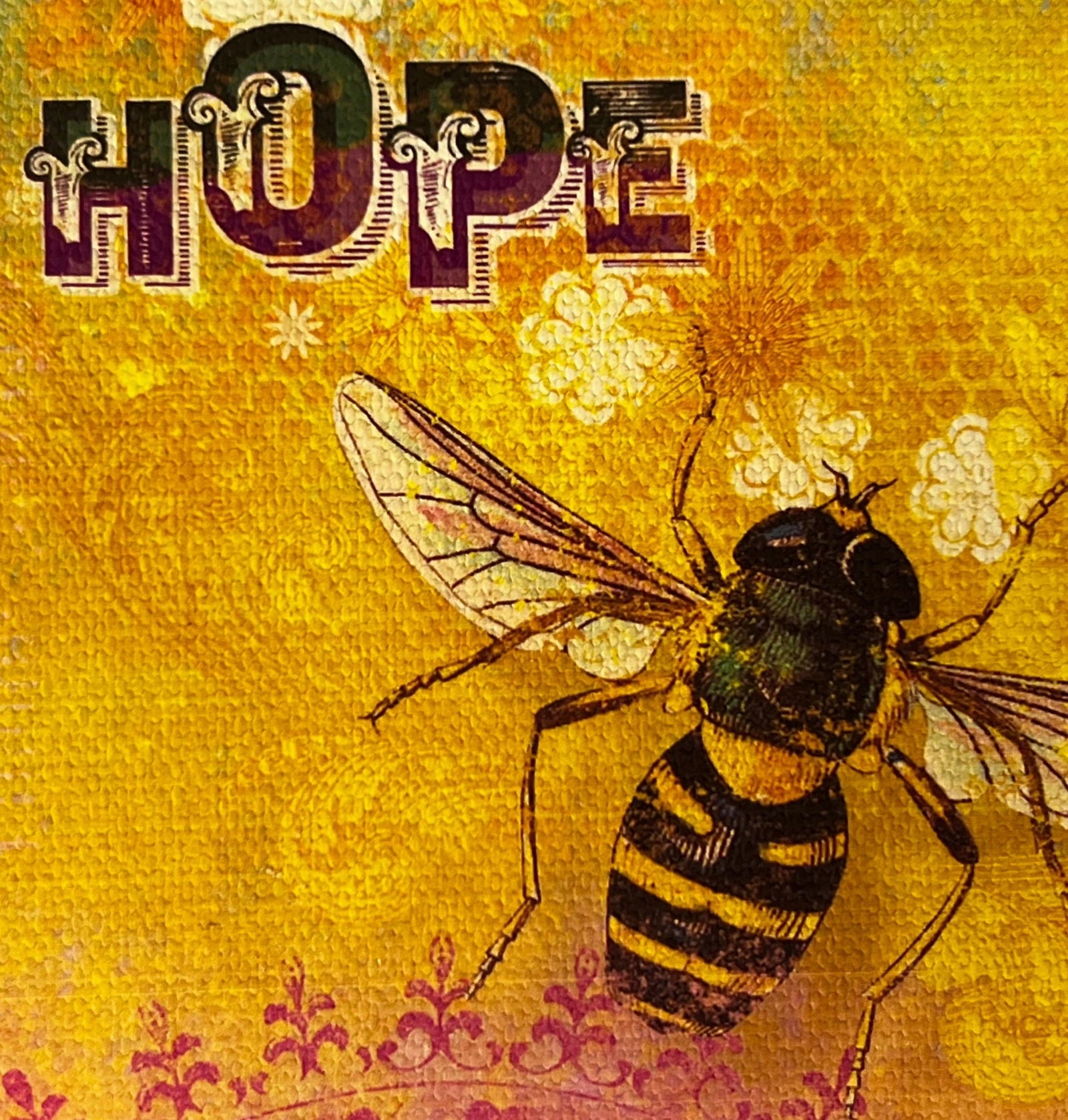 Hope canvas magnet with the word "HOPE" in bold lettering, surrounded by a bee and floral patterns.