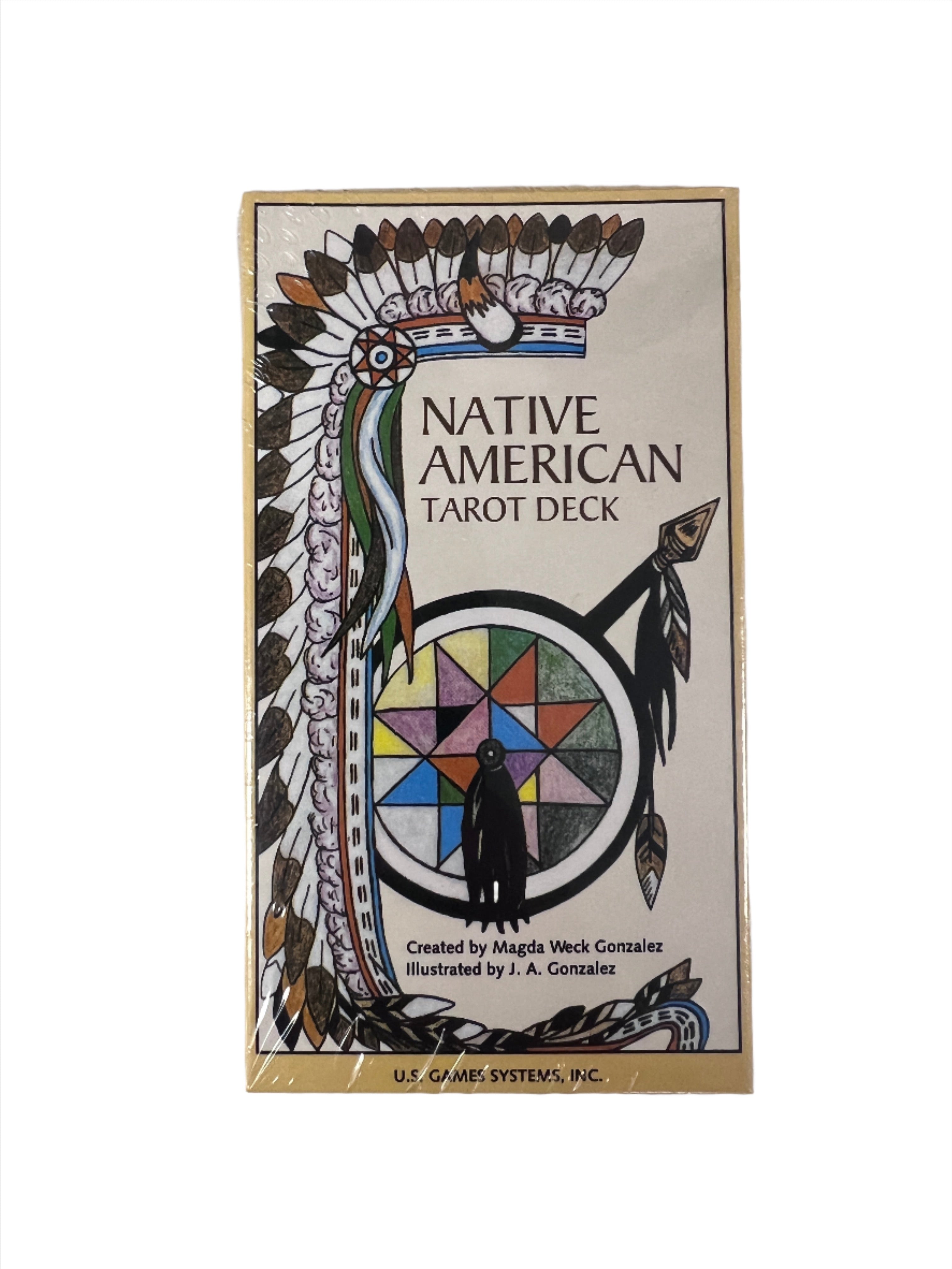 White card box with feather headdress Native American tarot deck  