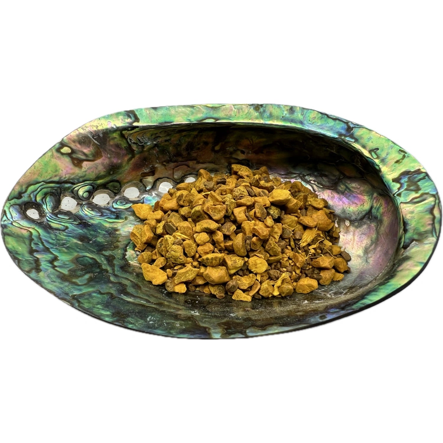 Dried Joint Relief Tea Organic herbs in an abalone shell.