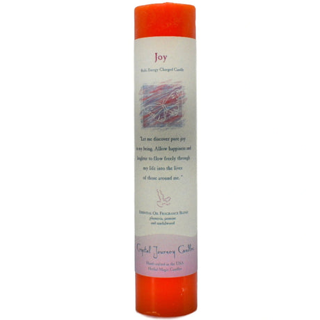 Orange candle with "JOY" label.