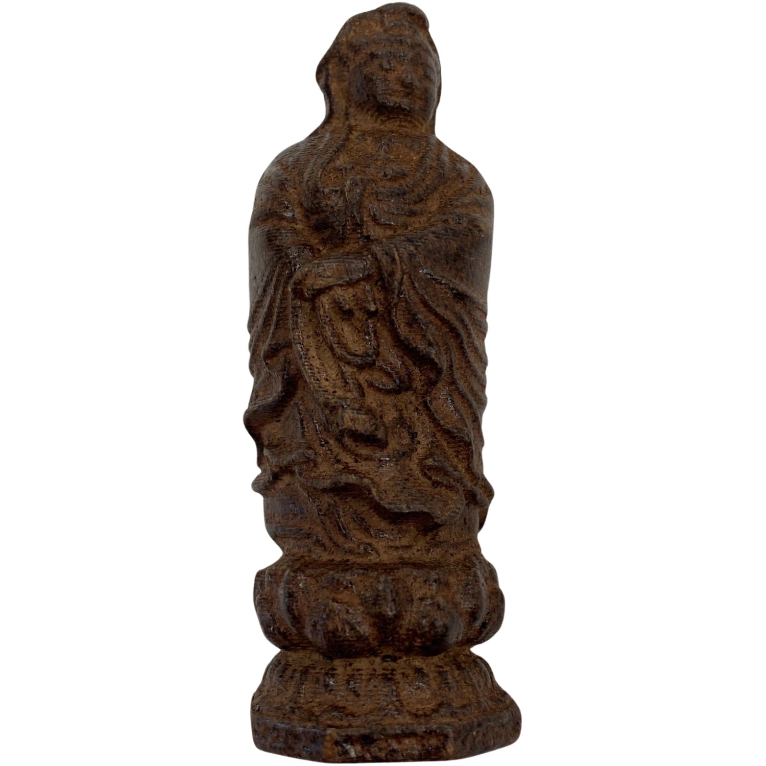 Small, dark brown wooden statue of Kwan Yin standing on a lotus base.