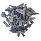 A cluster of raw Kyanite blades in various sizes and shapes. The blades have a distinct elongated form with sharp edges and smooth, polished surfaces. They exhibit a vibrant blue color with subtle variations in shade.