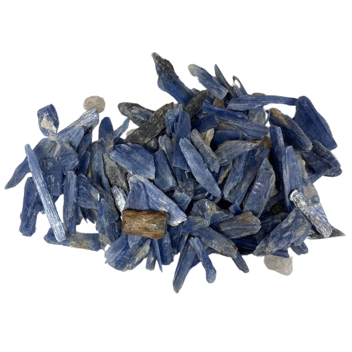  A cluster of small, raw Kyanite crystals with a vibrant blue color and a natural, rough texture. The crystals have a distinct elongated shape with sharp edges and smooth, polished surfaces.